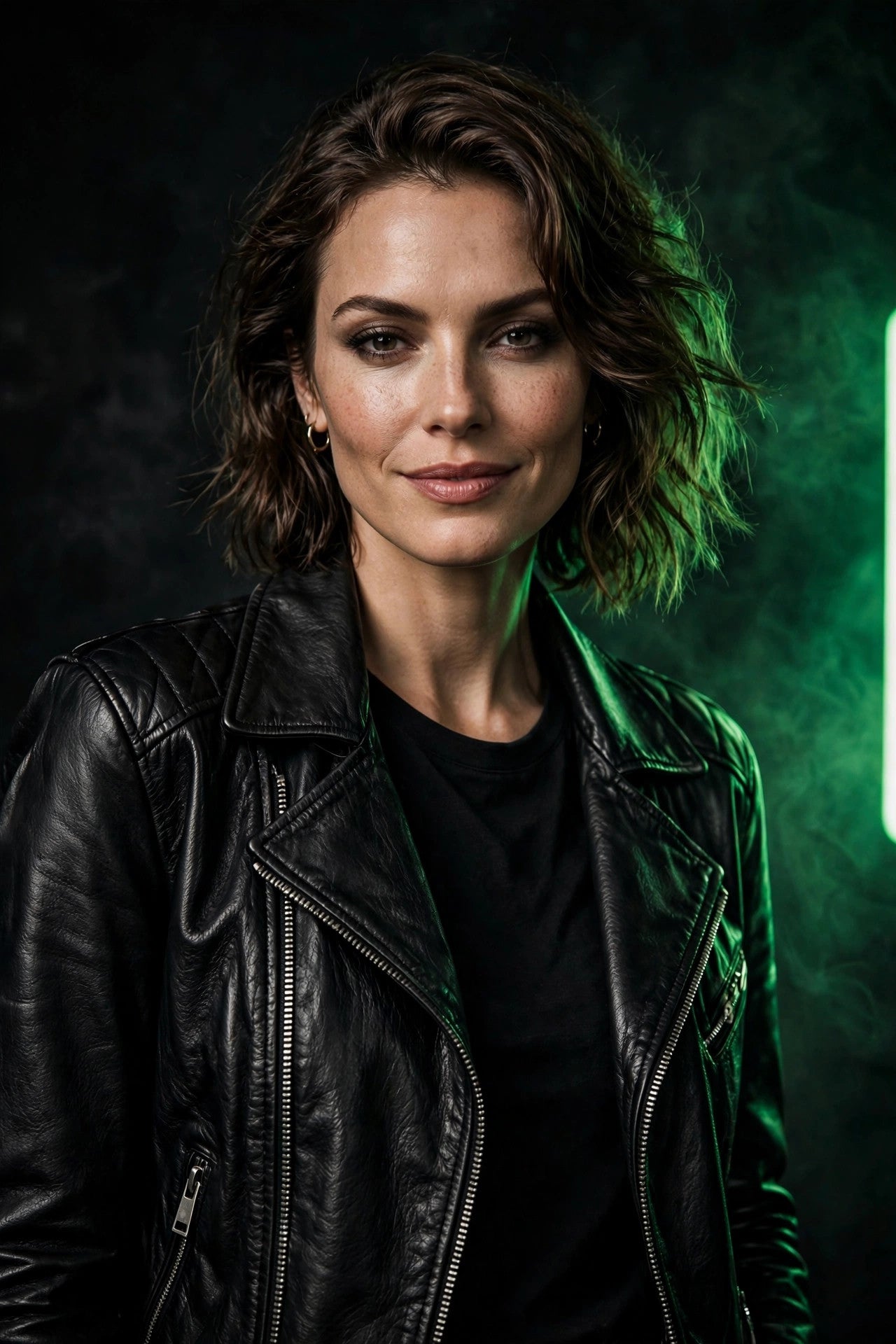 Woman wearing a black leather jacket in a studio portrait