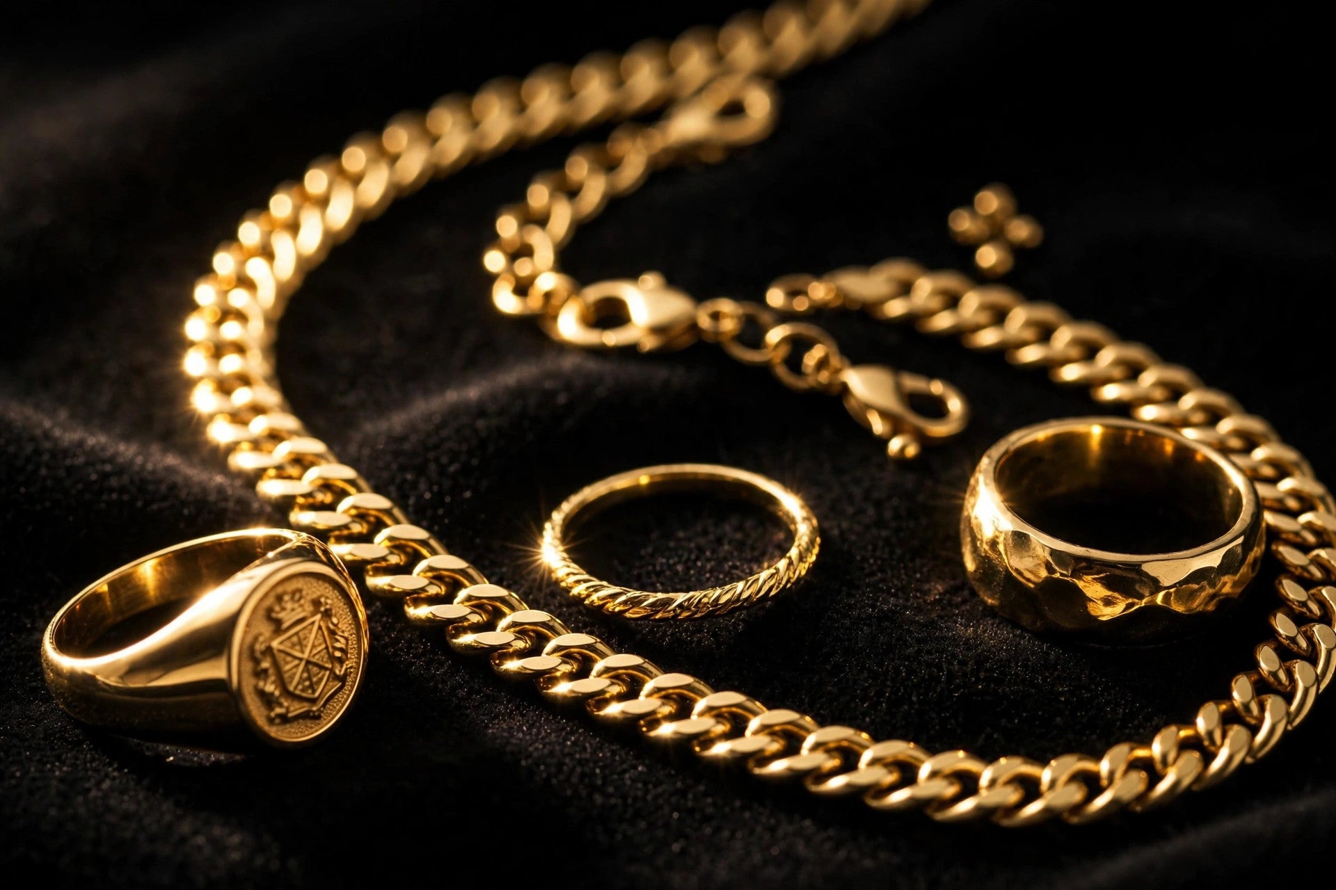 Gold jewelry styled on a dark editorial backdrop