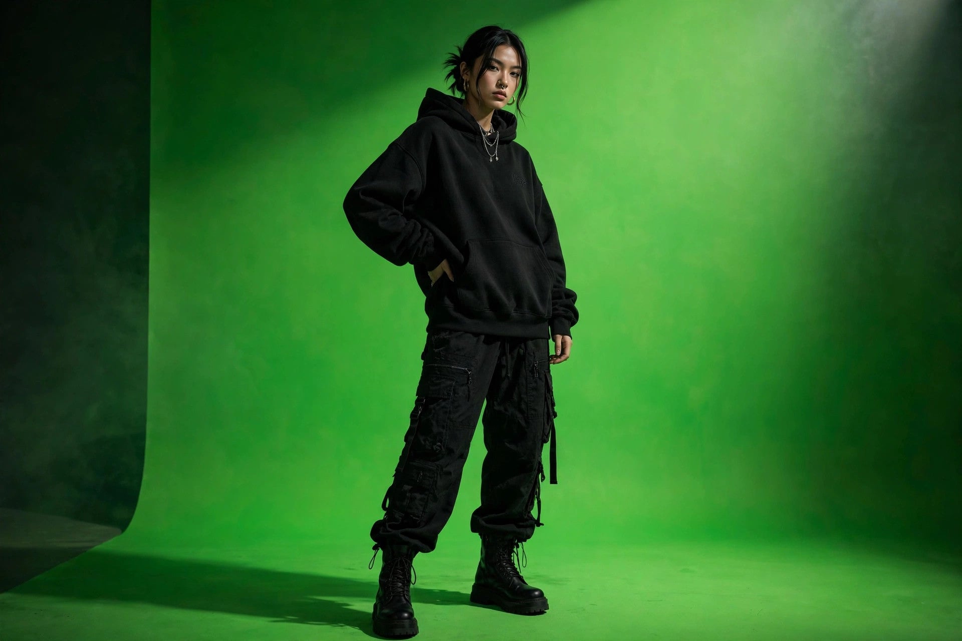 Model in dark streetwear against a vivid green background